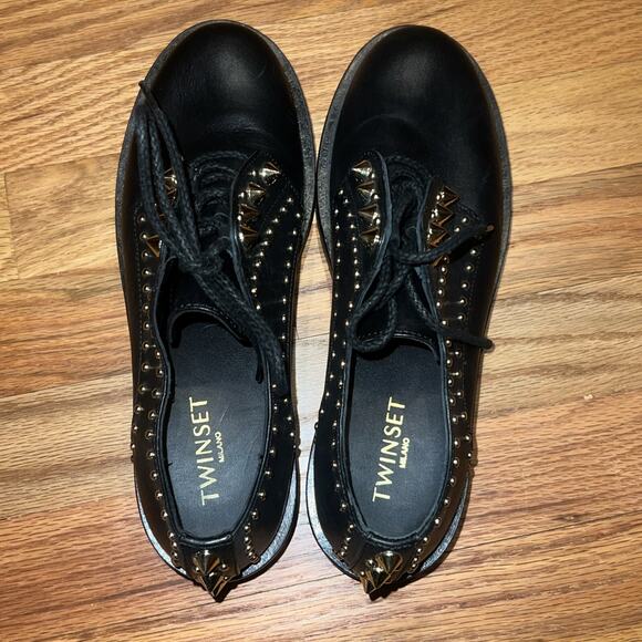 TWINSET Black Leather Gold Studded Low Combat Boots Lace Up Oxfords Size 38 7.5 - Picture 5 of 8